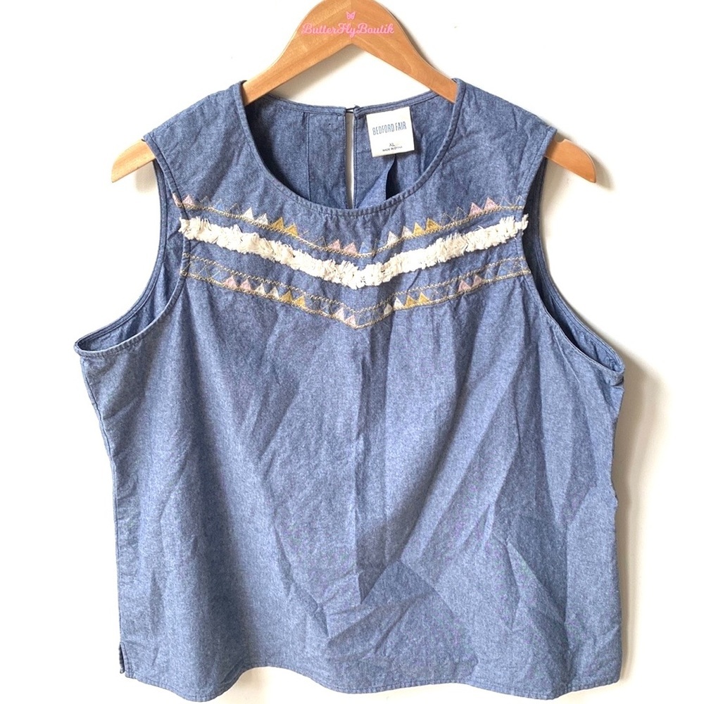 Bedford Fair Blair Denim Look Tank Top Women’s embroidered boho fringe, Size XL